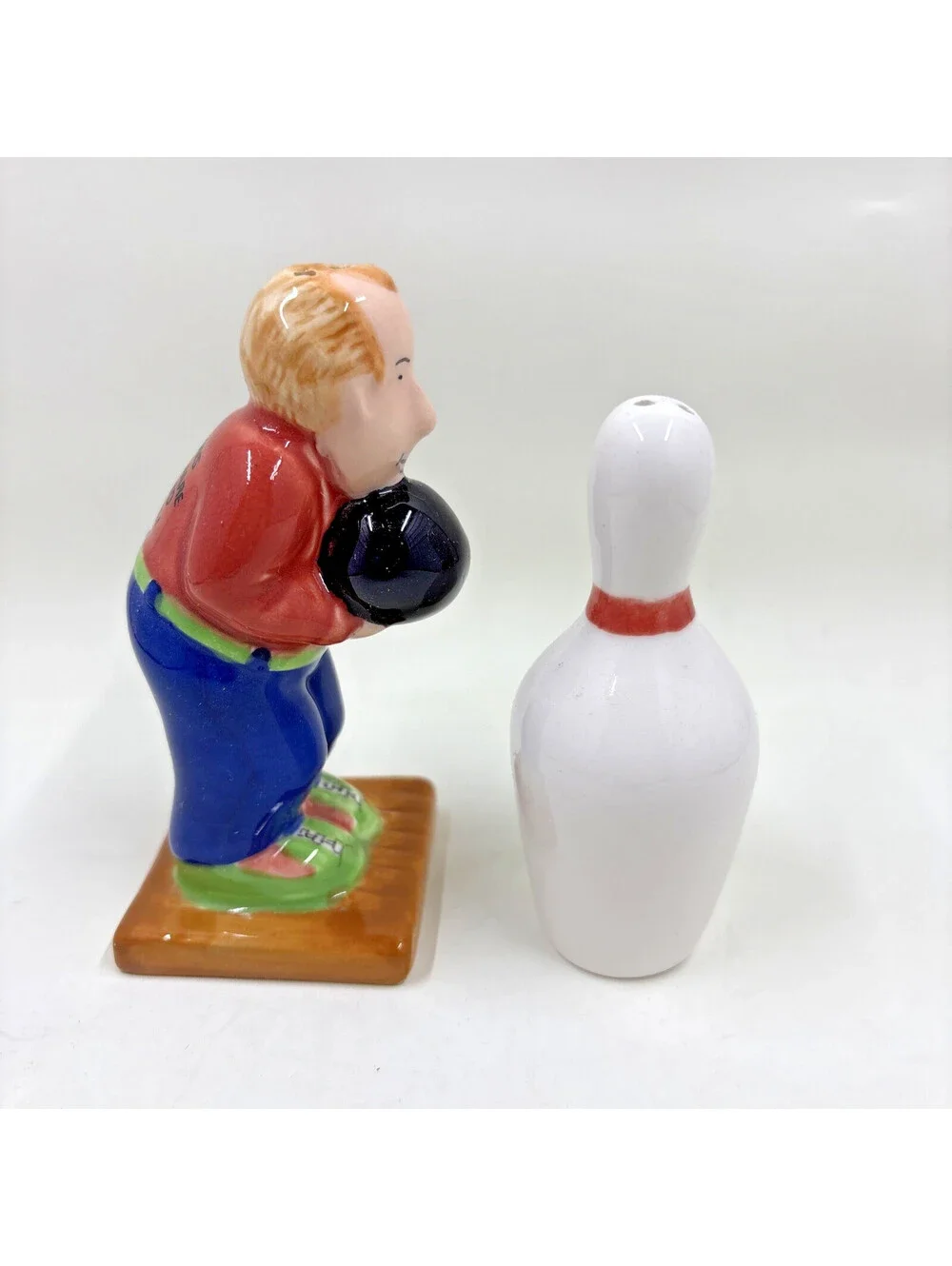 Vintage Bowling Ball & Pin W/ Bowler Salt and Pepper Shaker Set Ceramic RARE